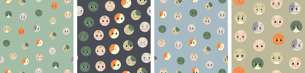 Bundle of four seamless patterns, black eyes cats. Repeatable backdrop, kitten portrait, funny rounded kitty muzzle.