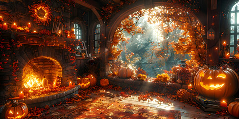  A cozy indoor scene with a fireplace, where a family is gathered around, carving pumpkins, with autumn decorations all around