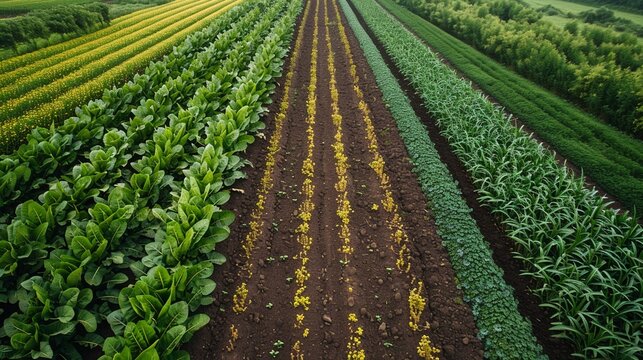 A field with different crops planted in a rotation pattern, with a detailed crop rotation plan explaining the benefits for soil fertility and pest management