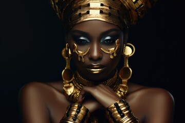 A woman with gold jewelry and a gold headpiece. She is posing for a photo. The photo is black and white