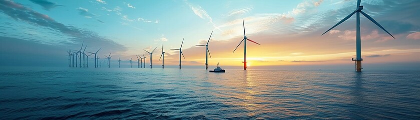 A series of offshore wind turbines in the ocean, with boats and equipment used for maintenance, illustrating the expansion of renewable energy sources in marine environments