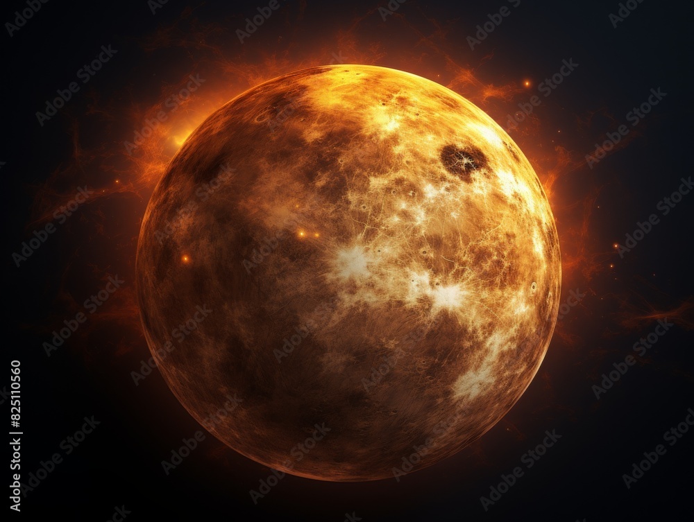 Wall mural fiery, detailed image of a burning planet or star against a dark space background with sparks and mo