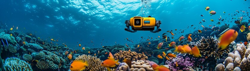 Marine Conservation Technology Underwater robots or drones monitoring coral reefs or fish populations, with screens showing realtime data and analysis on marine ecosystem health