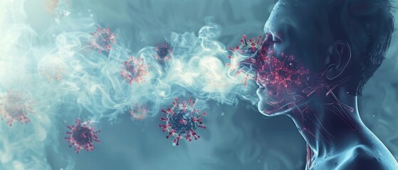 Respiratory system invaded by flu viruses, spreading illness selective focus, virus replication, surreal, Overlay, airways illustration