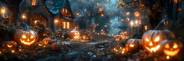  A night scene of children trick-or-treating in a suburban neighborhood, with glowing jack-o'-lanterns and spooky decorations on every porch