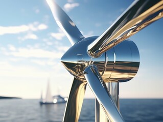 A large propeller is on a pier next to a body of water. The water is calm and the sky is clear