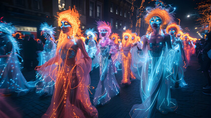 Obraz premium A night-time Halloween parade with people in glowing, neon costumes, eerie makeup, and accessories