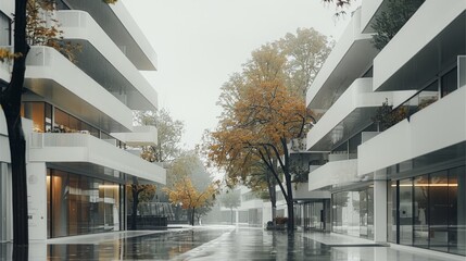 Minimalist architecture, street with trees and modern buildings, white paint, concrete, glass walls, large balconies, after rain. Generative AI.