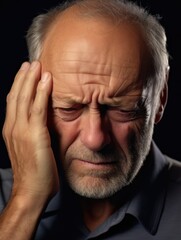A man is looking down with his hand on his forehead. He is in pain or discomfort