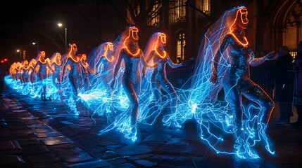  A night-time halloween parade with people in glowing, neon costumes