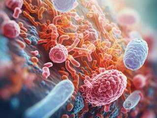 A close up of a cell with a pink blob in the middle