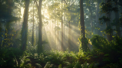 Mystical Morning in a Serene Forest: Nature's Tranquility Illuminated by Golden Sun Rays