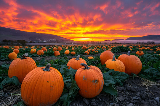  A wide shot of a pumpkin patch at sunset, with families picking pumpkins, the sky ablaze with warm colors, and hay bales in the background