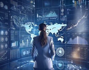 Businessmen analyze dashboard on virtual screen, internet, digital technology, business intelligence, concept map