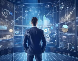 Businessmen analyze dashboard on virtual screen, internet, digital technology, business intelligence, concept map