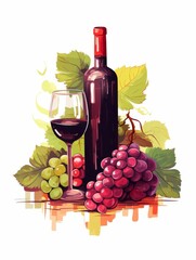 A bottle of red wine, a glass of wine, and grapes on a white background.