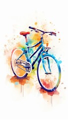 Fototapeta premium A colorful watercolor illustration of a bicycle with a white background. The bike is painted in shades of blue, green, yellow, and orange.