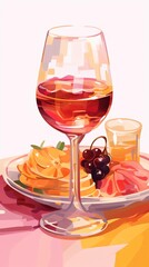 A glass of rose wine sits next to a plate of fruit and a small glass of juice, ready for a delightful brunch or afternoon snack.