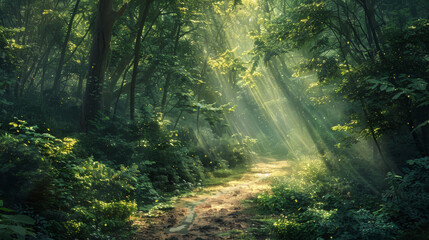 A winding path through a dense forest, with sunlight streaming through the leaves and creating a magical atmosphere.