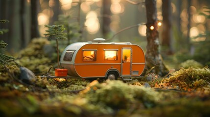 A small orange trailer is sitting in the grass