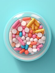 A variety of colorful pills and capsules in a glass container on a blue background.