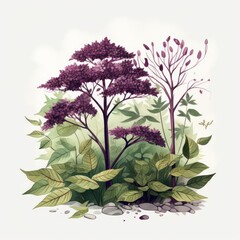 A watercolor illustration of a cluster of purple flowering plants with green foliage and rocks at the base.