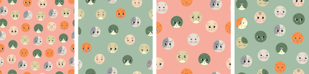 Collection of four creative patterns, black eyes cats. Repeatable background, rounded cat face, continuous flat vector illustration.