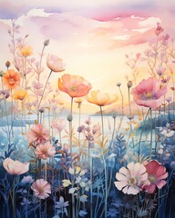 Watercolor painting of a field of wildflowers at sunset.  The flowers are in shades of pink, yellow, and orange, and the sky is a vibrant pink and orange.