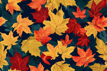 Fototapeta premium Autumn maple leaves seamless pattern on blue backdrop