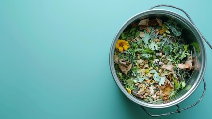 Trash bin for composting with leftover from kitchen. copy space. Recycling scarps concept. Sustainable and zero waste lifestyle