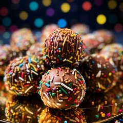 Close-up of chocolate truffles with colorful sprinkles, festive bokeh background. Perfect for celebrations, parties, and dessert themes.
