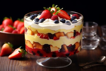 Delicious layered trifle with fresh strawberries, blueberries, and cream in a glass bowl, perfect for a dessert or celebration treat.