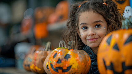 Fototapeta premium Close-up shots of children eagerly painting mini pumpkins and crafting paper ghosts, captured in candid photography with double exposure, blending their youthful enthusiasm