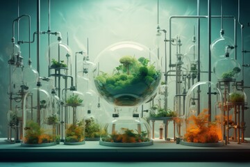 Futuristic lab with terrariums featuring plants and unique glassware, representing science and innovation in biotechnology and ecology.
