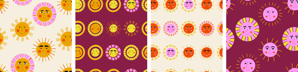 Pack of four patterns, joyous suns. Endless print, comic sun figure, cute creative surface design.