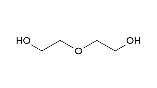 diethylene glycol molecule, structural chemical formula, ball-and-stick model, isolated image alcohol solvents