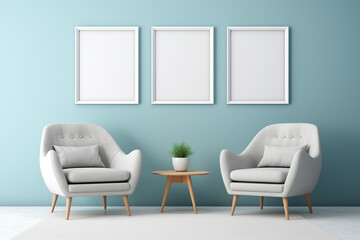 A sky blue accent chair paired with a stone grey rug, encircled by modern white shelves holding stylish decor, a blank white frame mockup adorning the wall.