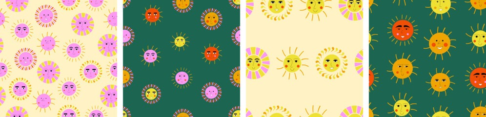 Set of four patterns, cheery suns. Seamless texture, summer sun, simple design for branding, fabric.