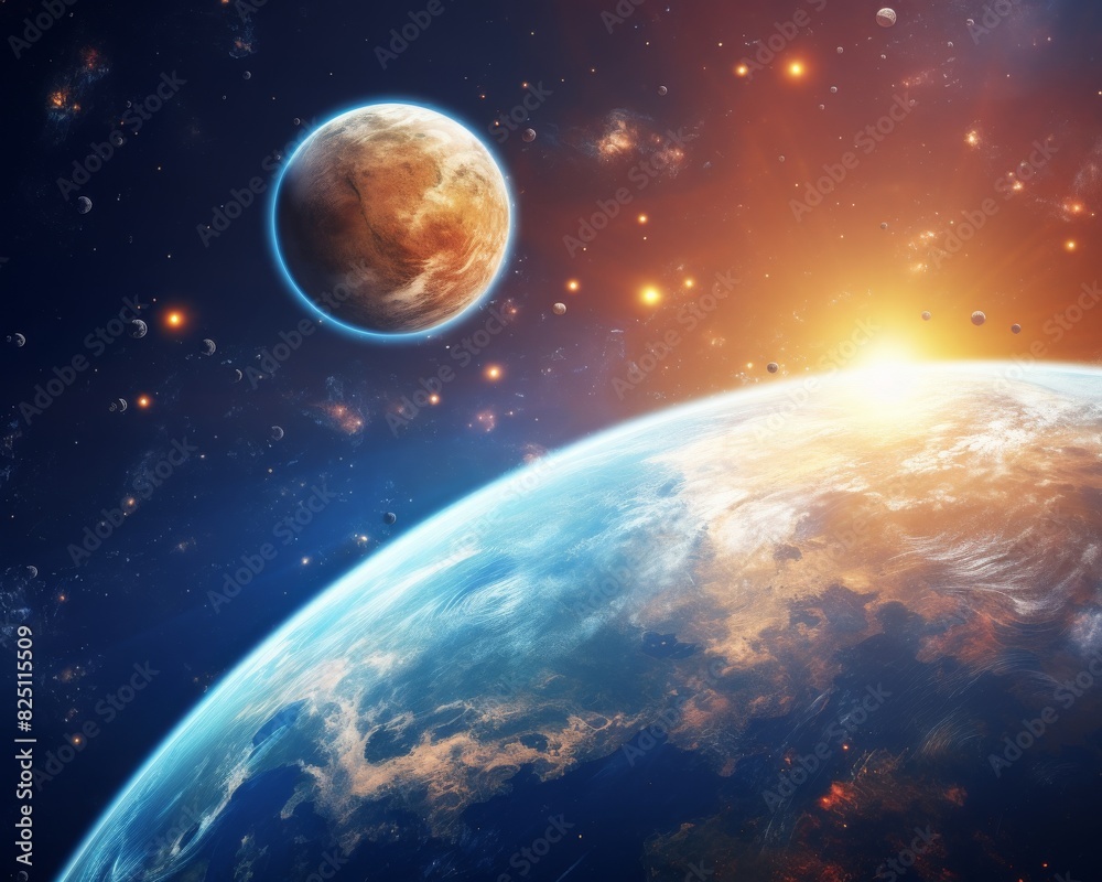 Wall mural stunning space scene with a view of earth and a distant planet, illuminated by the sun with scattere