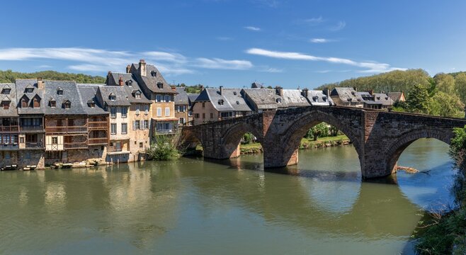 view of the idyllic village of Espalion in the Aveyron Departement of south central France
