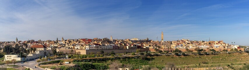 panorama cityscape of the old town of Meknes with minarets and the old city walls