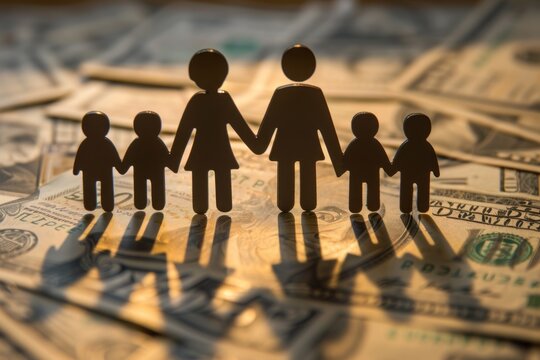 Family budget concept. Paper family cut-out figures standing on dollars banknotes