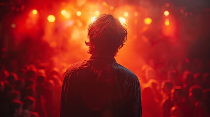 A man stands in front of a crowd of people in a dark room with red lights