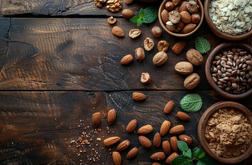 Food illustration, various nuts on a wooden tabletop,  rustic style, unusual background in rustic style, healthy food.