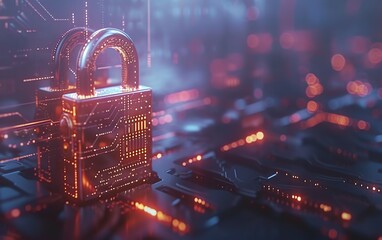 a padlock symbolizing cyber security, a padlock on a technological circuit