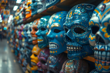 Rows of vibrant halloween masks hanging in a dimly lit shop captured with chiaroscuro photography using a mirrorless camera