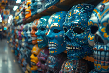 Fototapeta premium Rows of vibrant halloween masks hanging in a dimly lit shop captured with chiaroscuro photography using a mirrorless camera