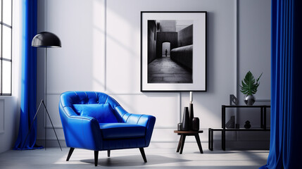 A sleek and modern living room with cobalt blue accents, a black leather armchair, and a blank white frame mockup hanging on a gallery wall of black and white photographs.