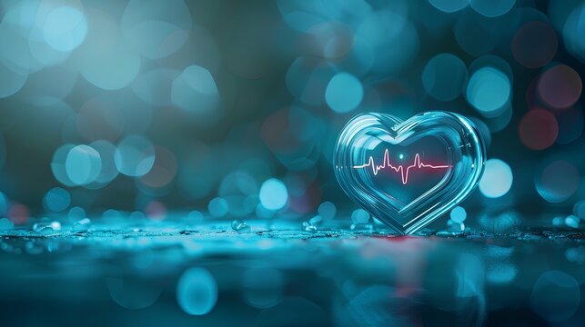 Glass Heart with ECG Line Against Bokeh Background