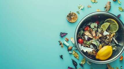 Trash bin for composting with leftover from kitchen. copy space. Recycling scarps concept. Sustainable and zero waste lifestyle